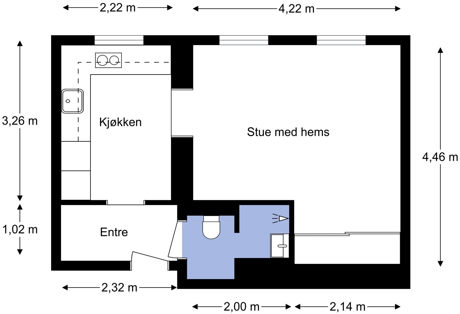 Plantegning fra takstmann. Leiligheten har en svært gjennomtenkt og godt utnyttet planløsning med entré, bad, kjøkken og stue med hems. Galleribilde