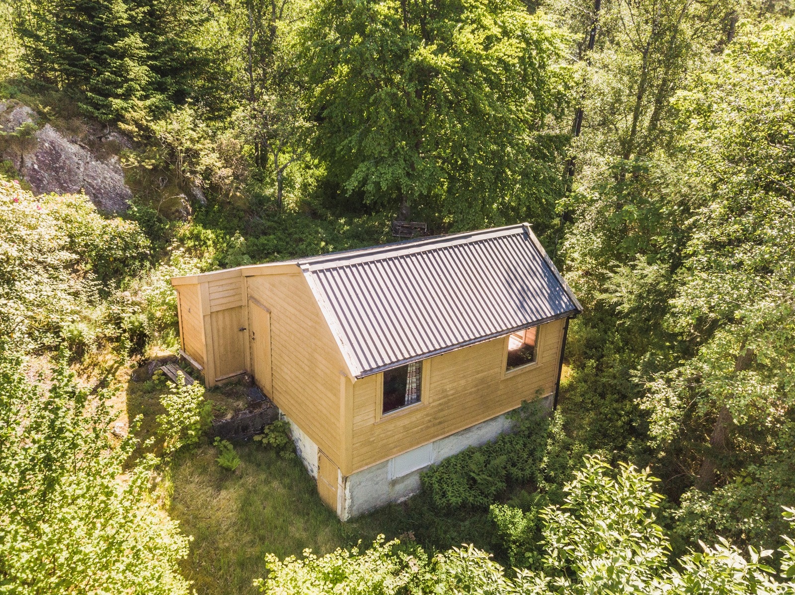 Eiendommen er overgrodd. Greiner og trær bør beskjæres. Hekk og busker må trimmes. Galleribilde