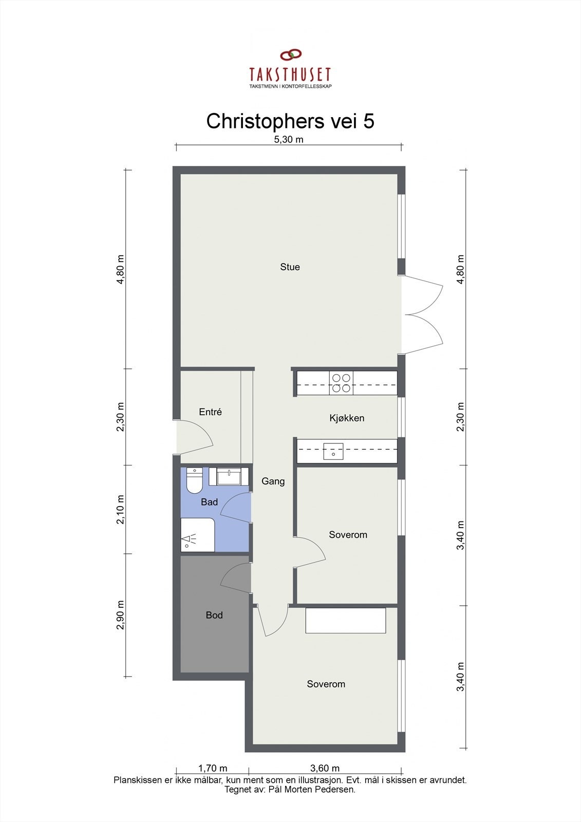 Planskisse. 1. etasje: Entré, kjøkken, stue med utgang til egen hagedel, 2 soverom, innvendig bod og bad/wc.
I tillegg en bod i kjeller. Felles sykkelbod, felles utebod og fellesvaskeri. Galleribilde