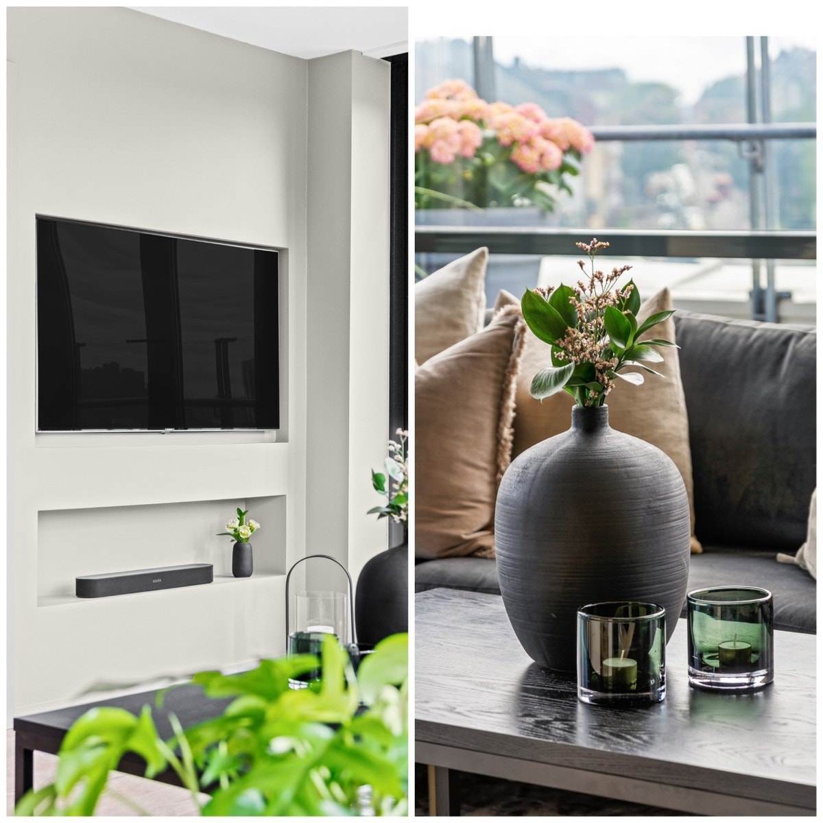 Innebygget nisjeløsning i veggen til TV, lydplanke ol. som skjuler kablene. Samsung TV-en som henger på veggen er på 55" og medfølger handelen. Galleribilde