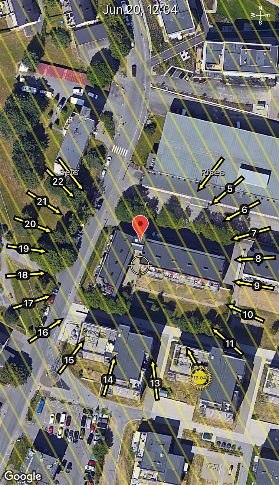 Solkart er kun ment som en illustrasjon over solforholdene midtsommers (20.6). Teknologien som brukes kan slå feil pga. kalibrering e.l. Solforhold må derfor også kontrolleres selv ved hjelp av kompass, kart eller egen app hvis dette er av betydning. Galleribilde