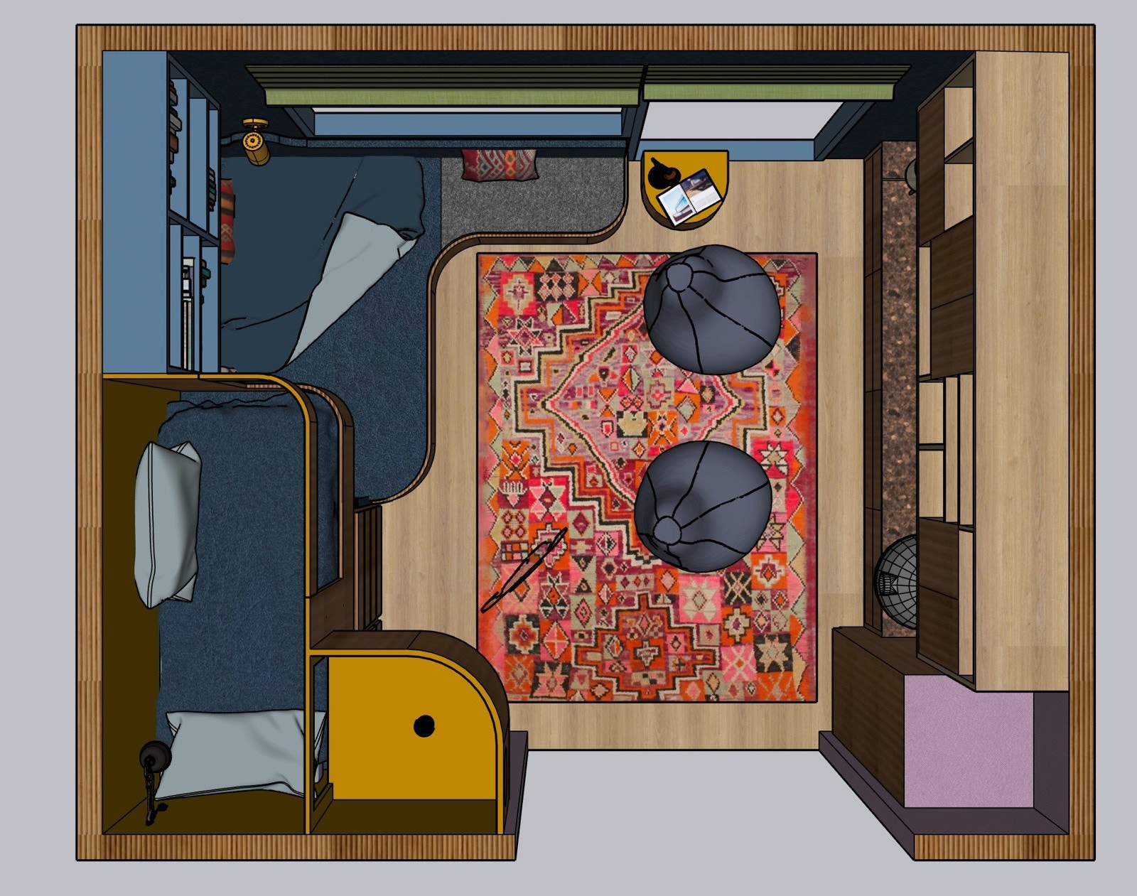 Planen var å bygge om til to større barn, den øverste sengen er ca. 90 x 200 og den nederste sengen er ca. 200 x 110. Galleribilde