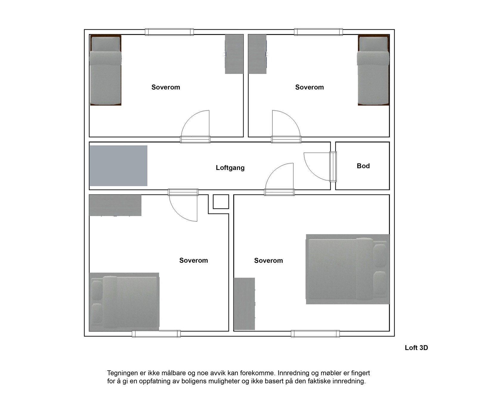 Plantegning loft. Det er rommene nederst på bildet som leies ut. Rommet øverst til venstre brukes som tørkerom. gjesterom, mens rommet til høyre er gjesterom. Galleribilde