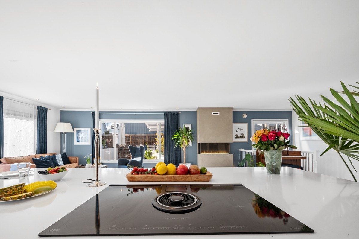 Benkeplate av stein og nedfelt induksjonstopp fra AEG med integrert ventilator. Nedfelt stikkontakt i benkeplate. Galleribilde