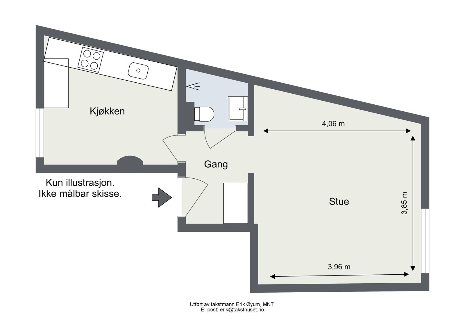 Planskisse utarbeidet av takstmann. Leiligheten har en god og praktisk planløsning som gir full utnyttelse av sine 33m². Galleribilde