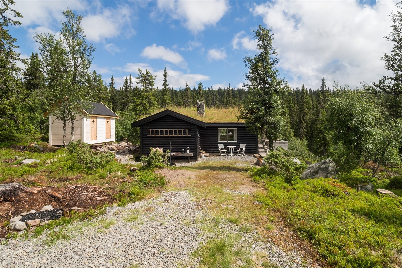Hytta ligger fint i terrenget, noe skjermet fra veien. Galleribilde