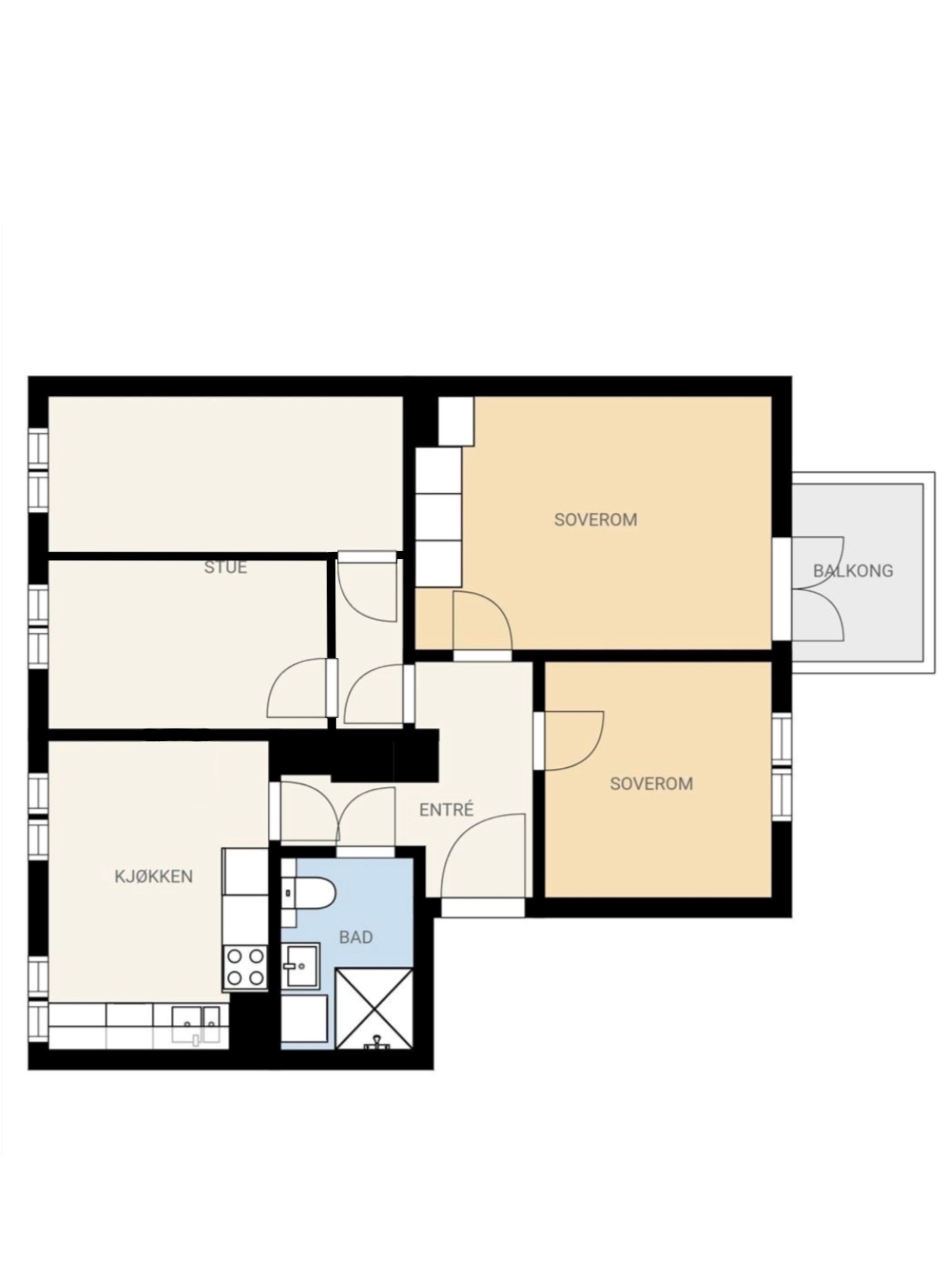 Plantegning illustrasjon - 4 soverom, felles bad og kjøkken med sitteplass Galleribilde