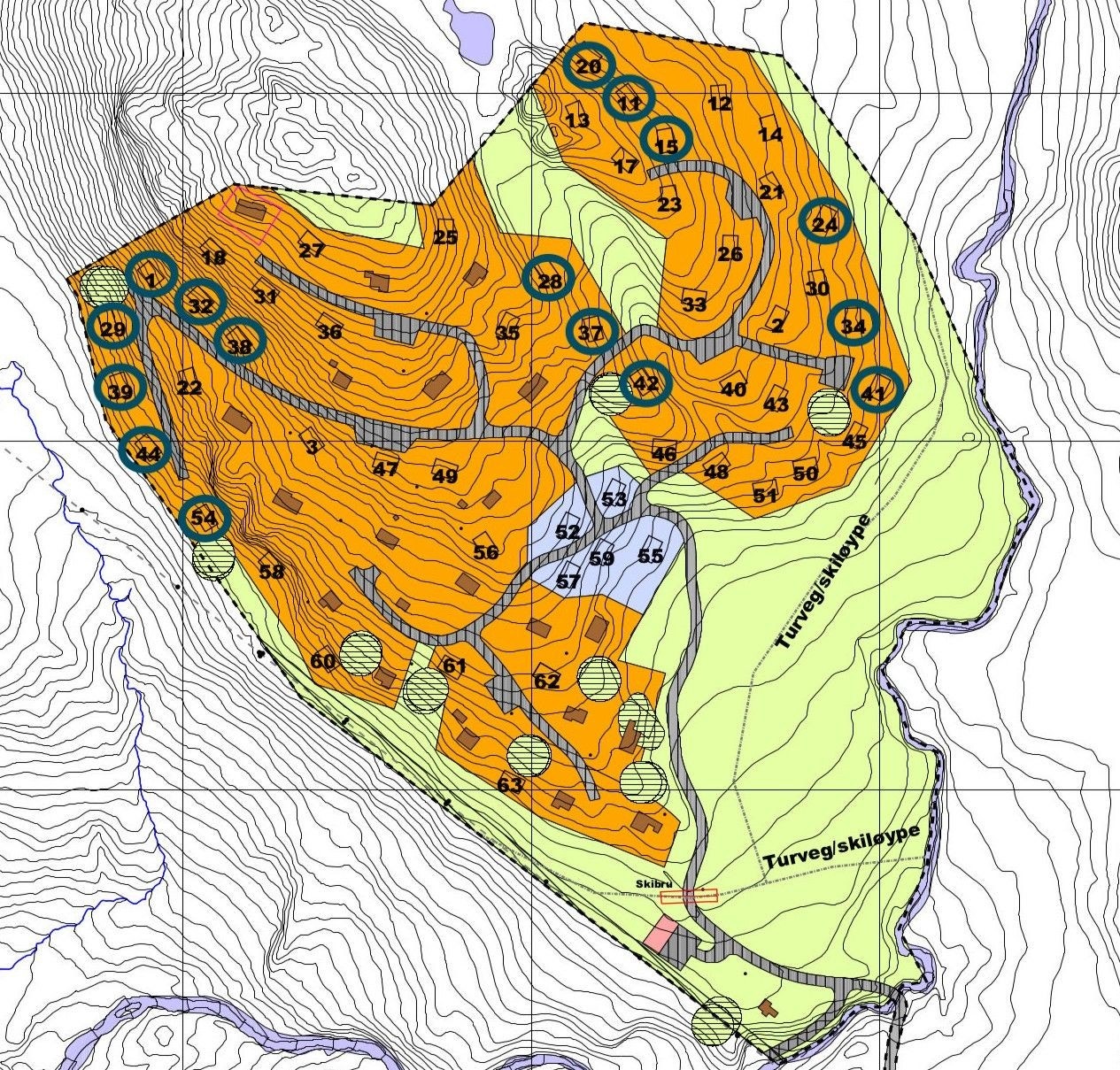 Plankart med markerte tomter til salgs. Se djuvland.no for plankart med priser. Galleribilde