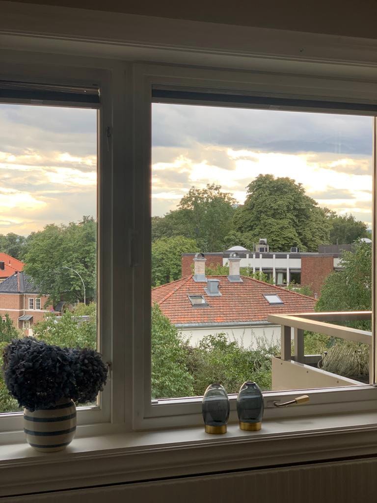 Hyggelig utsyn fra spiseplass. Solskjerming/ plissé på vinduene fra Norsol Galleribilde