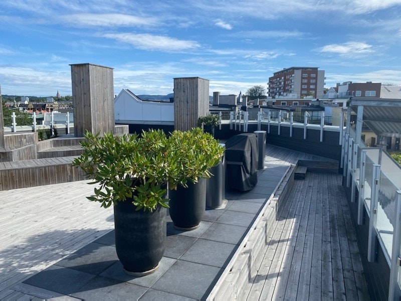 Takterrasse med grill, spiseplasser og benker Galleribilde