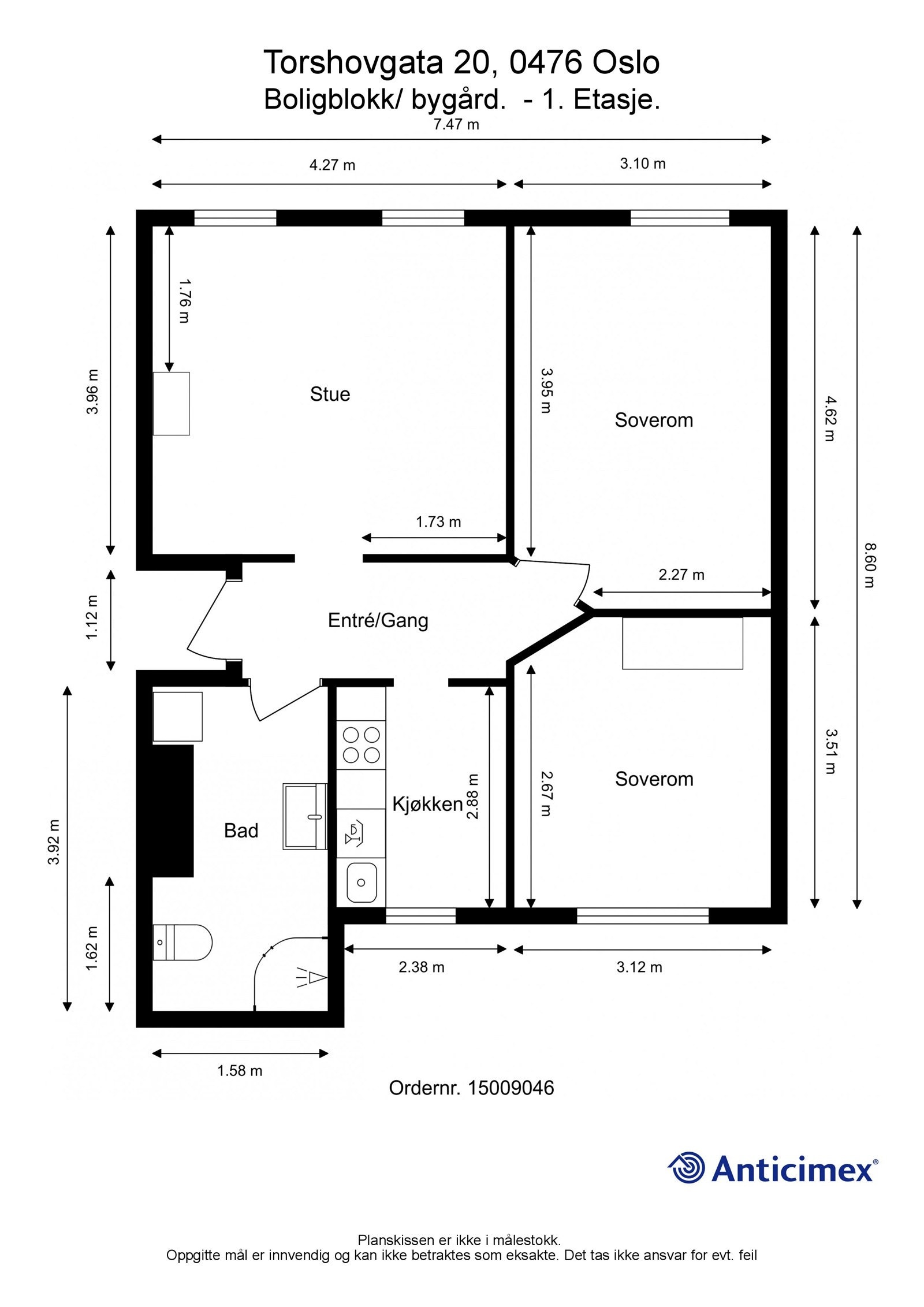 Plantegning. I tillegg disponerer leiligheten en kjellerbod på ca. 7m², samt en loftsbod med gulvareal på ca. 5m². Galleribilde