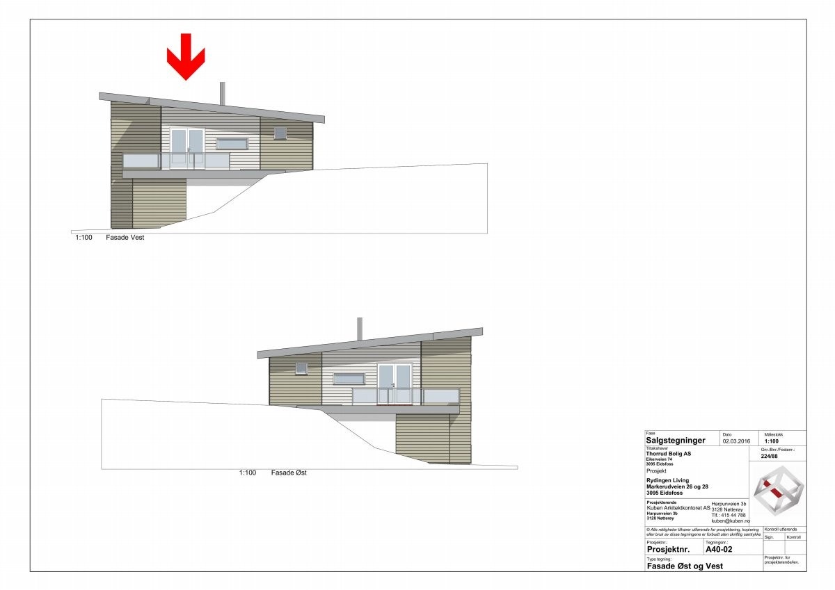 Tegning av tomannsboligen - Fasade (Boligen øverst) Galleribilde