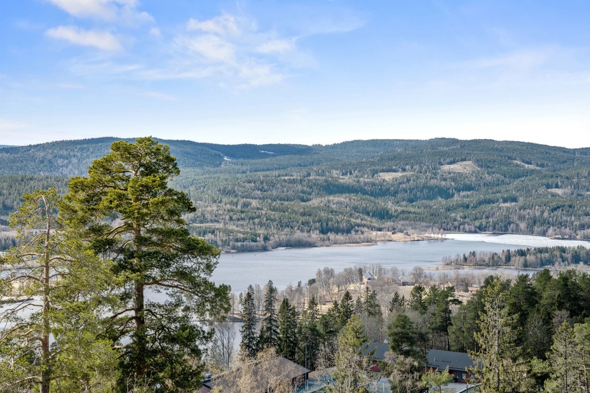 Panoramautsikt over fjorden, byen, Bogstadvannet, Bogstad golfbane og Bærumsmarka Galleribilde