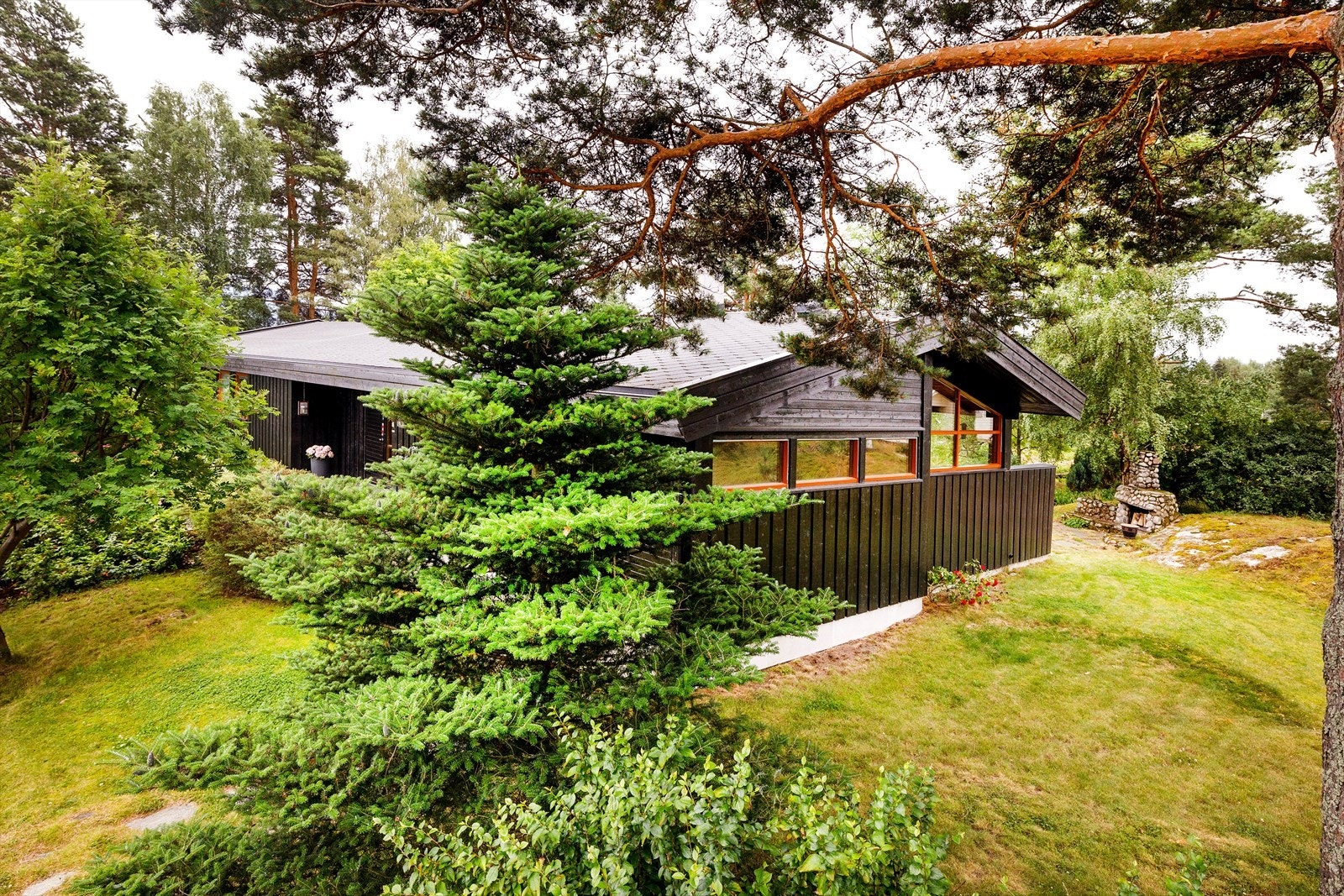 Tomten er frodig med bl.a. store furutrær som skjermer mot sol og innsyn. Galleribilde