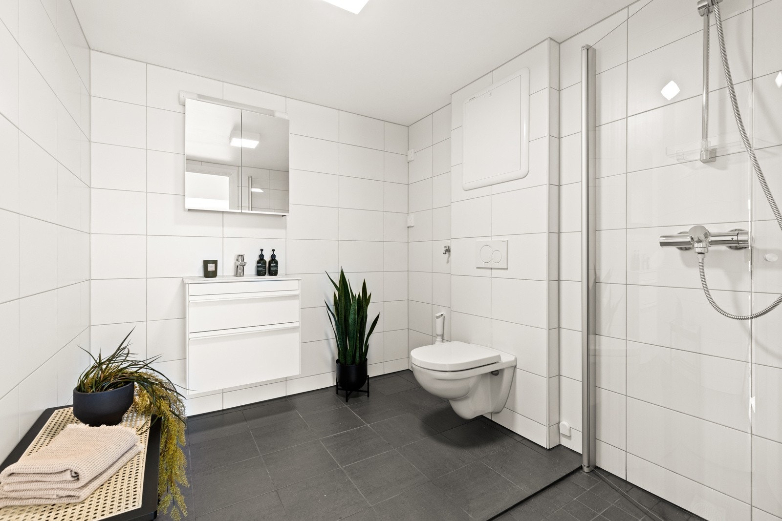 Baderom med dusjhjørne, wc og servant med underskap. Galleribilde