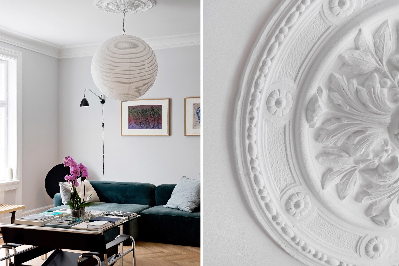 Rålekre detaljer som stukkatur og rosett er gjennomgående i leiligheten, og tilfører en klassisk sjarm til et ellers toppmoderne hjem. Galleribilde