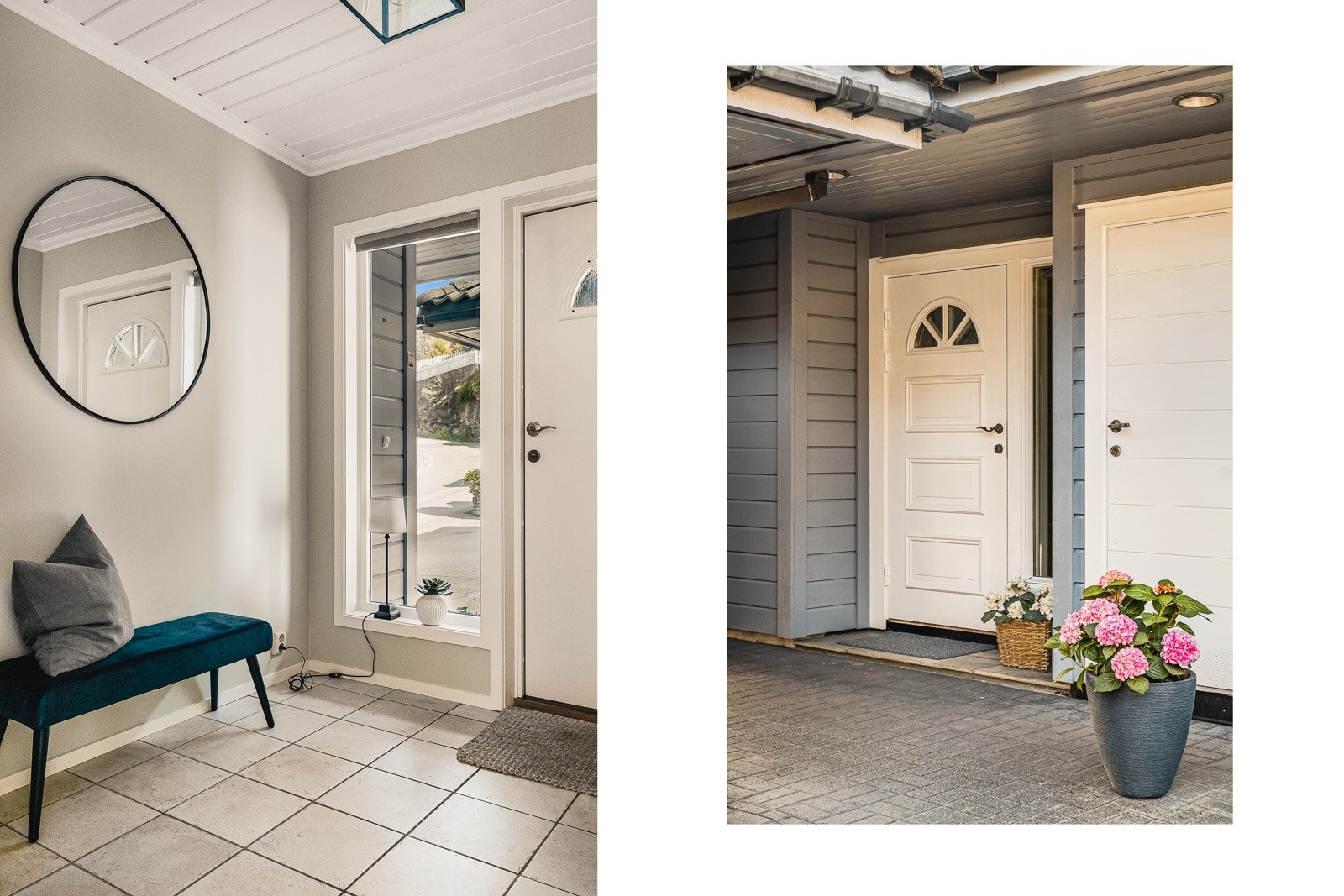 Inngangspariet er lyst og trivelig med fliser på gulv og malte flater på vegger. Galleribilde