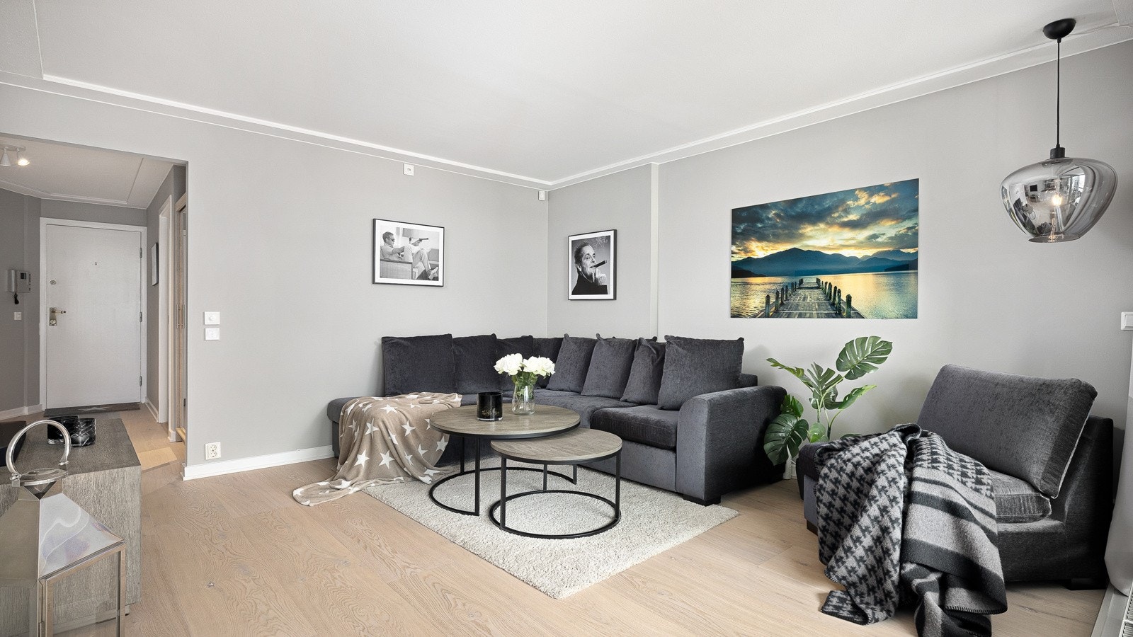 Planløsningen gir god plass til sofagruppe, tv-løsning og annet ønskelig møblement. Galleribilde