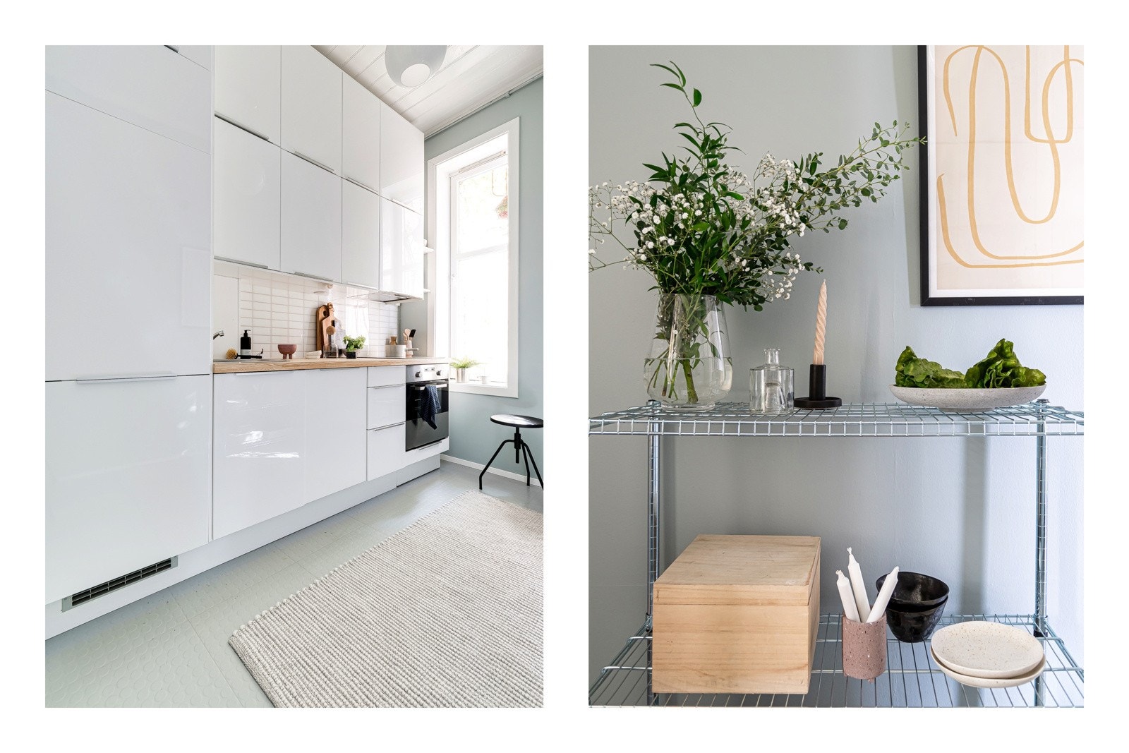 Kjøkkenet er både pent og praktisk med en tidløs innredning bestående av hvite fronter og lys benkeplate (ny i 2021) med nedfelt kum i rustfritt stål og nedfelt kokeplate med induksjon. Galleribilde