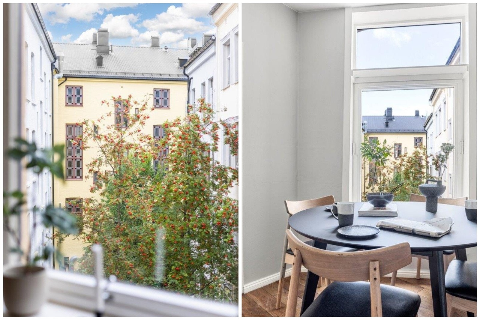 God plass til spisebord foran vinduet med hyggelig utsyn mot bakgård Galleribilde