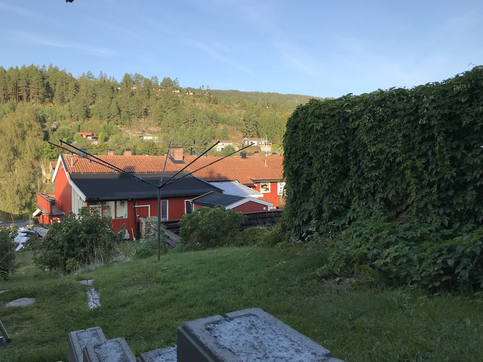 Uteplass i hage rett utenfor inngangsdøren. Utsikt mot alpinanlegget (Funkelia) og gruveåsen. Galleribilde