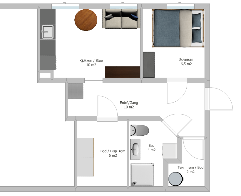 Planløsning med forslag til møblering. Galleribilde