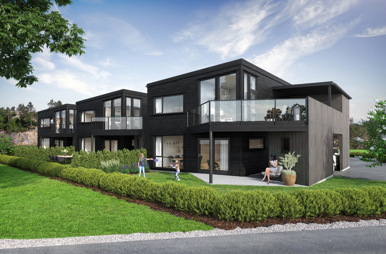 3 flotte boliger med carport og stor terrasse med hagestue. Galleribilde