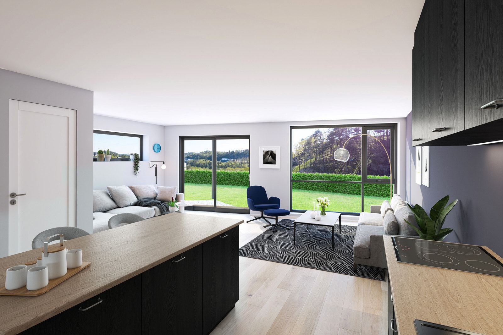 Stue med skyvedør ut til hagen. (Illustrasjonsbilde. Utsikt er ikke representativ) Galleribilde