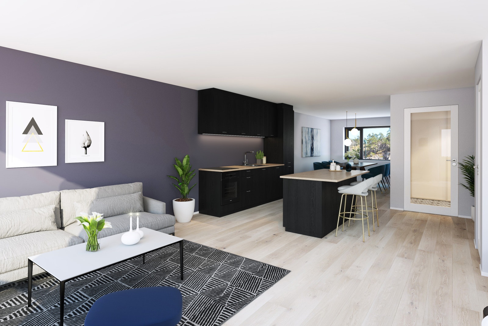 Åpen stue/kjøkken-løsning. Spiseområdet kan lukkes igjen for å få et ekstra soverom. Galleribilde