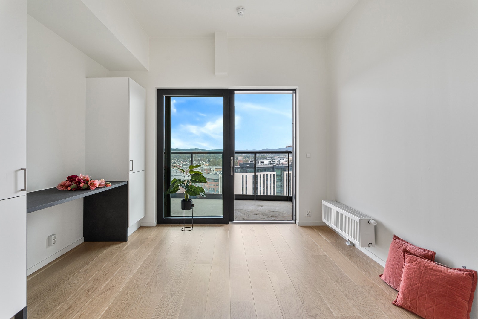 Romslig stue med høyt tak og panoramautsikt Galleribilde