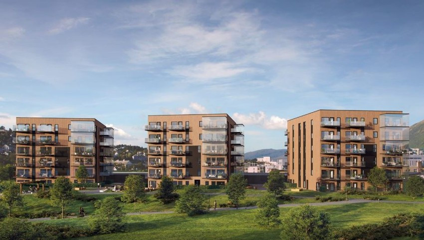 Fasade- boligen vil ligge i 3.etasje og ha utgang til balkong fra stuen