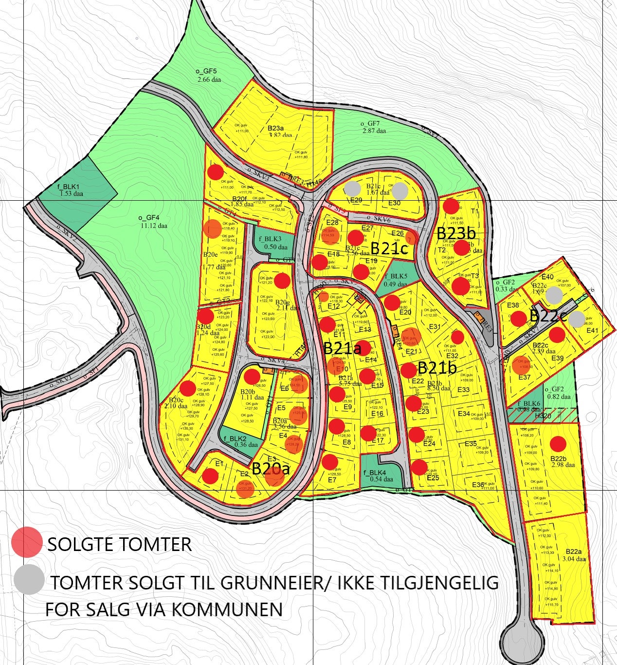 Tomteoversikt, der røde felt viser solgte tomter Galleribilde
