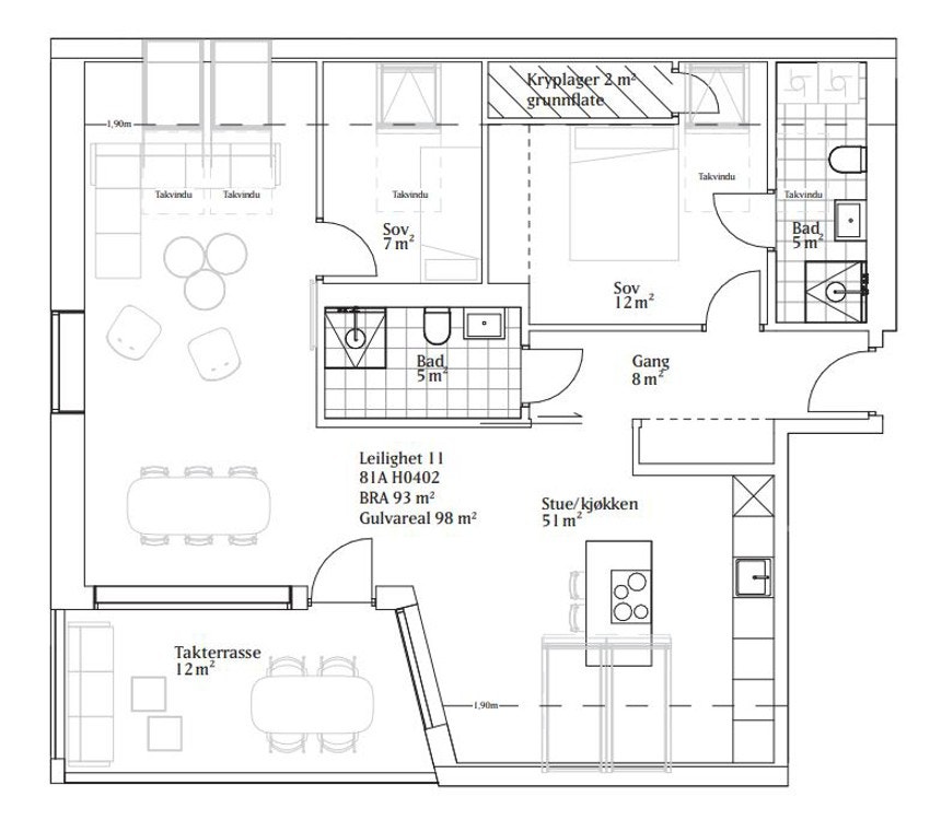 Plantegning Kongsveien 83 A-C (leil. A11 med takterrasse mot sydvest) Galleribilde