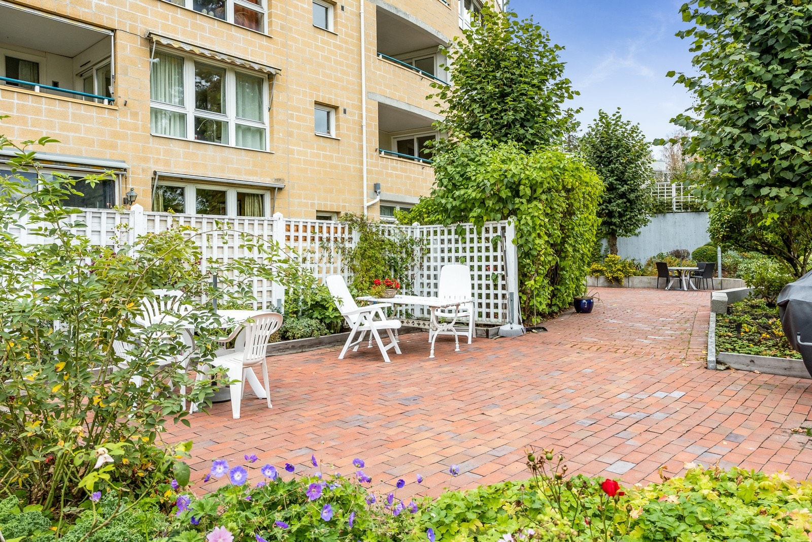 Pent opparbeidet felles bakhage med sittegrupper Galleribilde