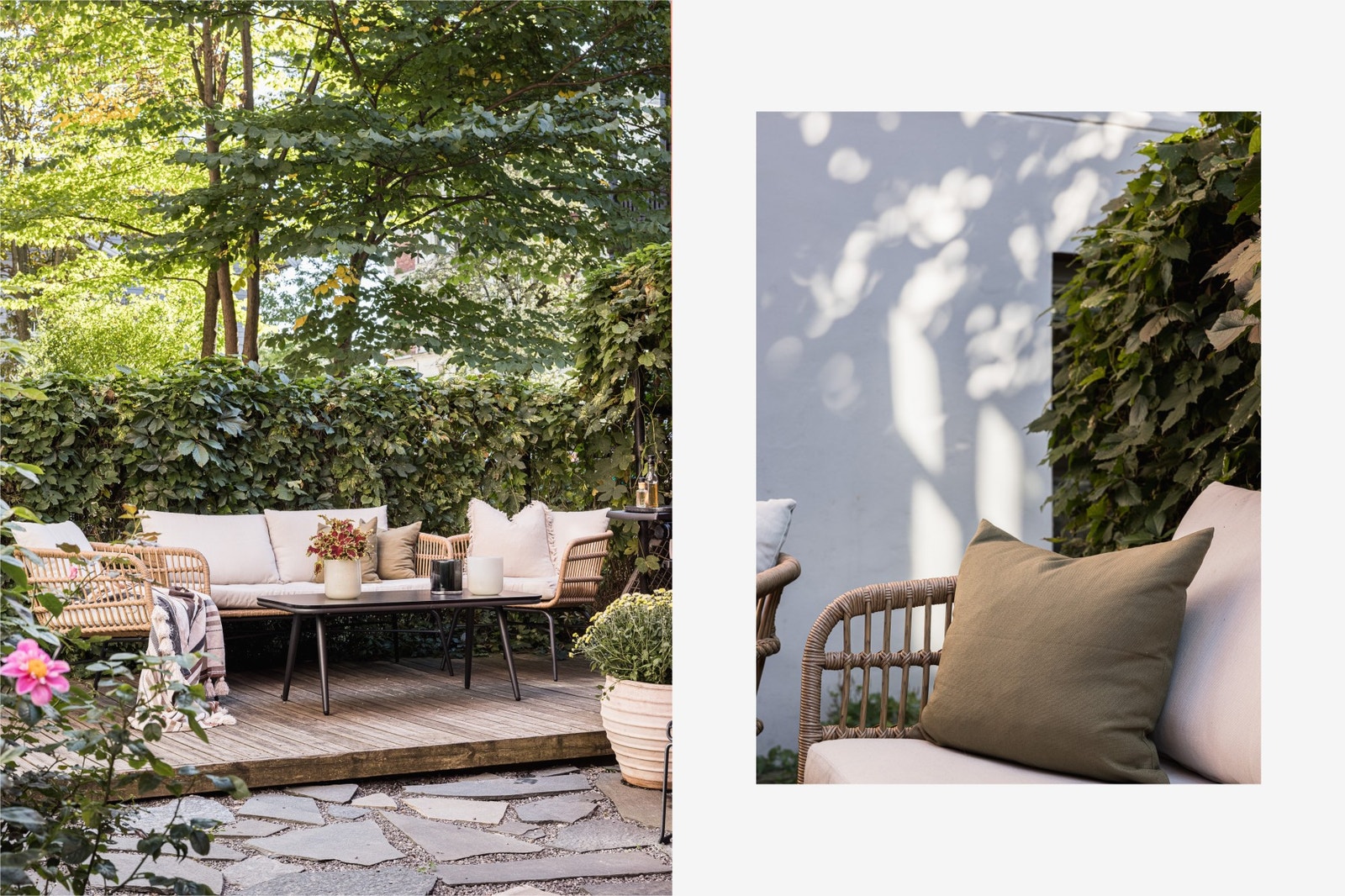 Hyggelig terrasse med frodig beplantning i felles bakgård. Galleribilde