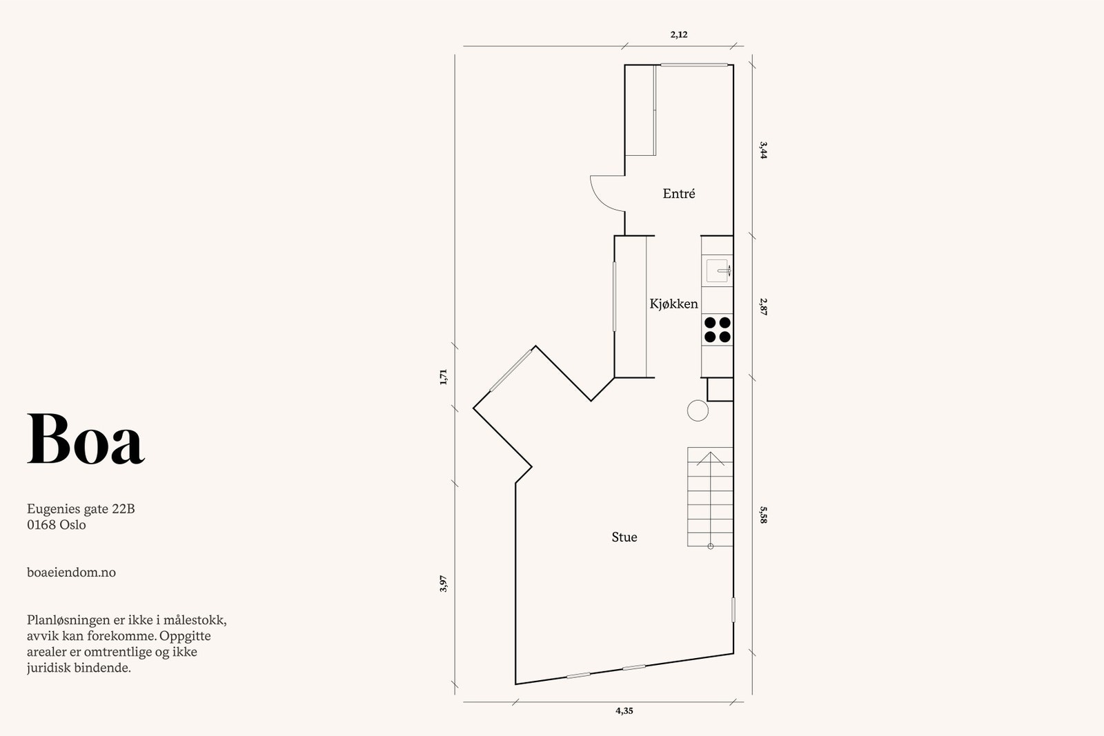 1. etasje: Entre, kjøkken og stue/spisestue.
Leiligheten disponerer i tillegg en kjellerbod på ca. 3kvm. Galleribilde