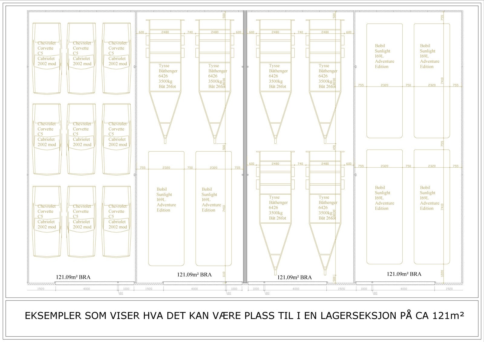 Illustasjon over hva det er plass til i en seksjon på 121m² Galleribilde