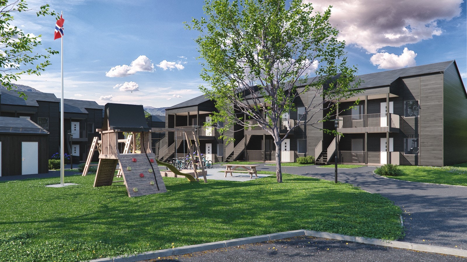 Det vil være et barnevennlig tun midt i prosjektet. Galleribilde