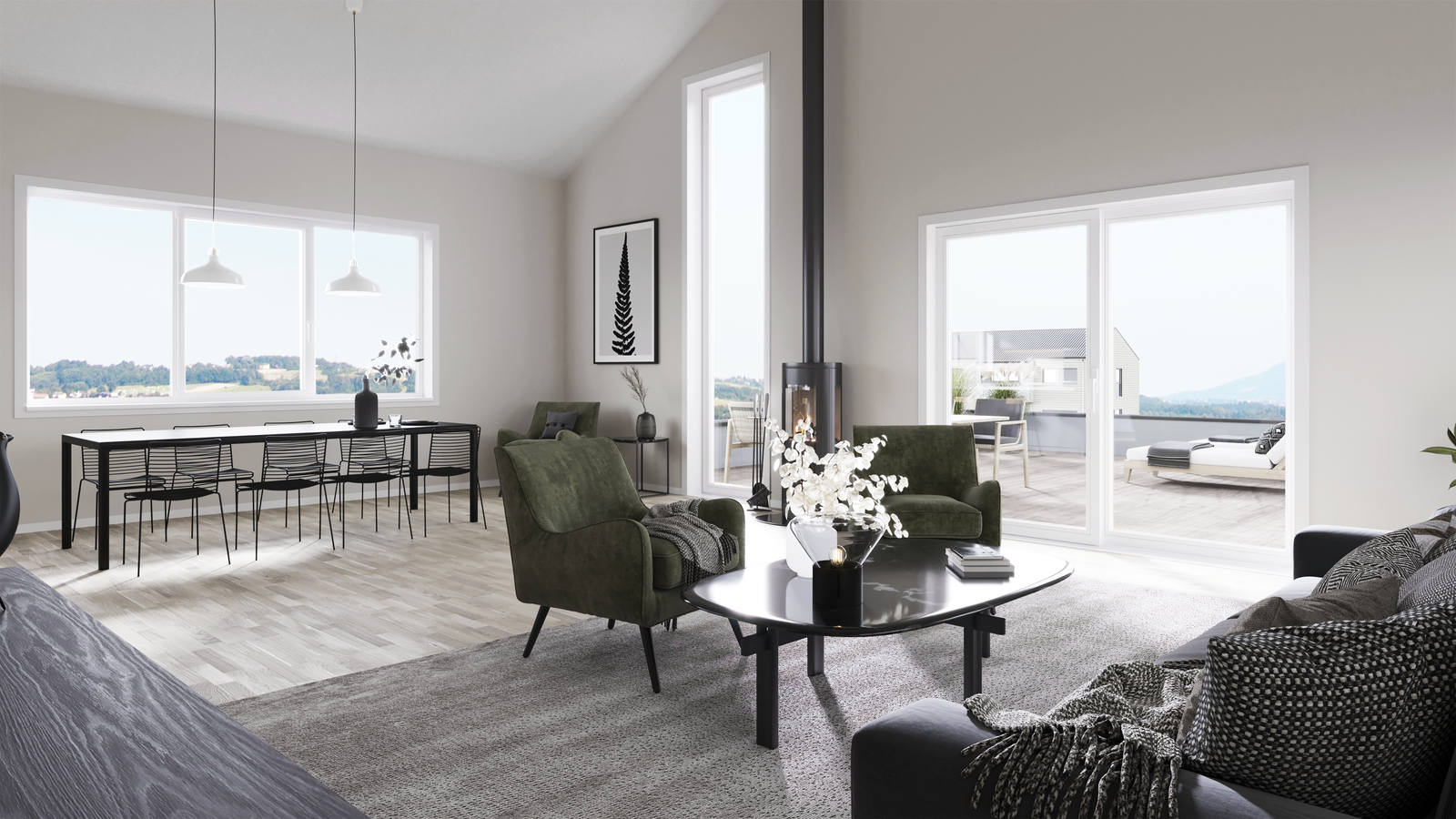 Stor stue med peisovn og utgang til stor takterrasse. Bilde er speilvendt i forhold til tegning. Galleribilde