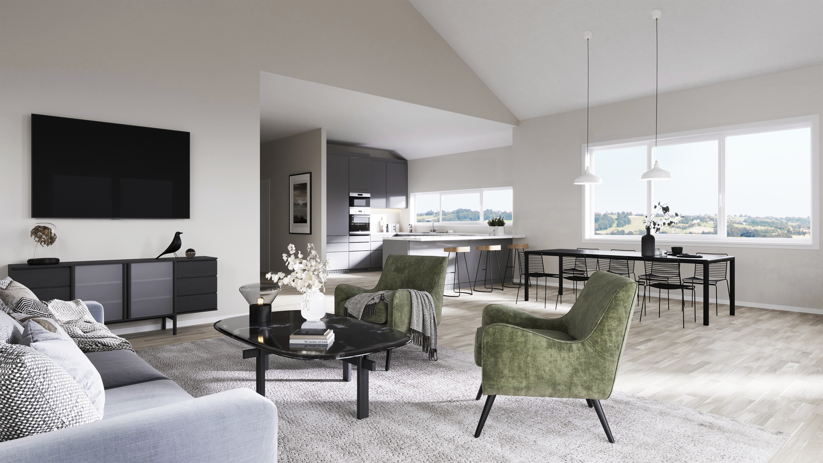 Illustrasjon kjøkken/stue. Bilde er speilvendt i forhold til tegning. Galleribilde