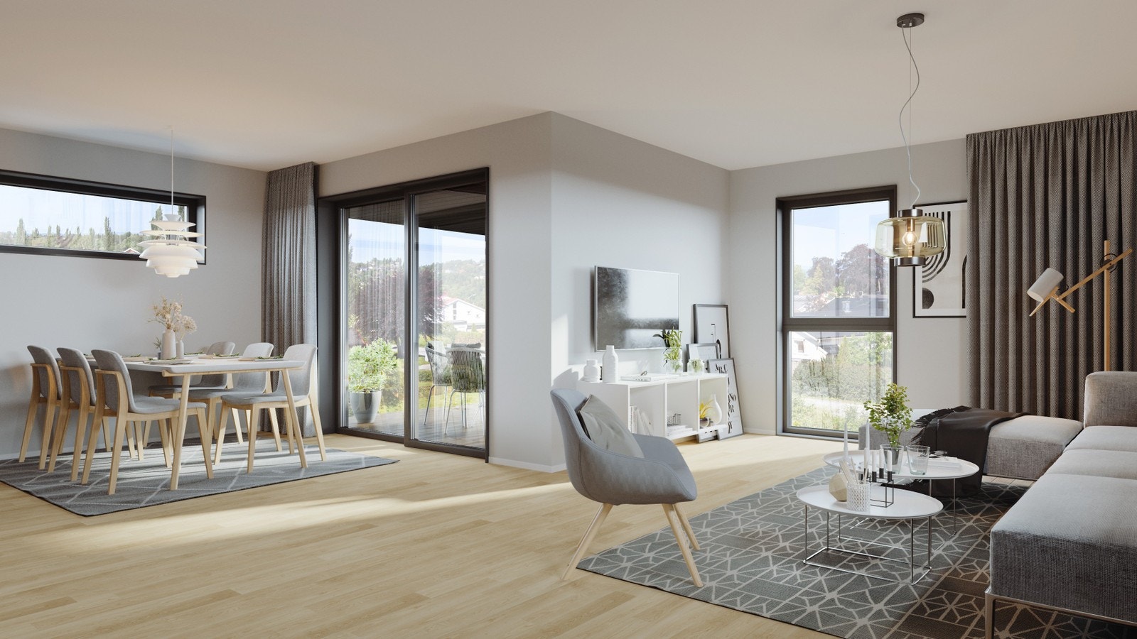 Nydelig stue/kjøkken med stor skyvedør til overbygd terrasse og ferdig opparbeidet hage - 1. etg. Galleribilde