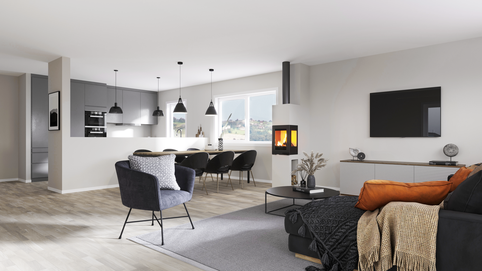 Illustrasjon kjøkken/stue med peisovn Galleribilde