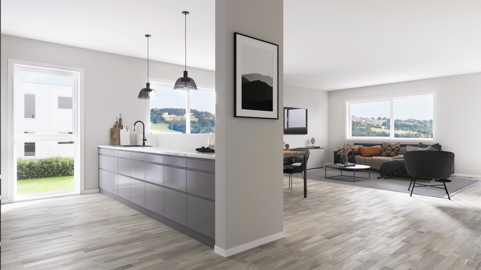 Kjøkken med kjøkkenøy mot stue (illustrasjon) Galleribilde