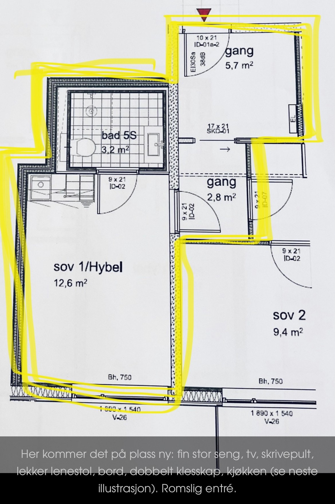 Her er det på plass / ferdig møblert hybel-leilighet med en ny, fin stor seng, tv, skrivepult, lekker lenestol, bord, dobbelt klesskap, kjøkken. Romslig entre, dobbelt skyveknapp i gang. Galleribilde