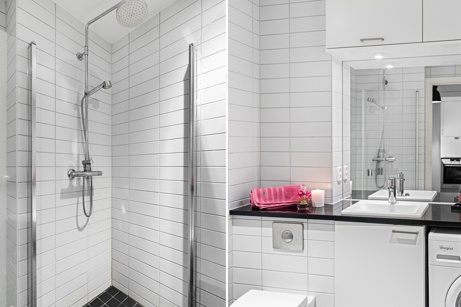 Badet er fra byggår, og har vegghengt toalett, dusjhjørne med glassvegger og en plassbygget servantinnredning med nisje for vaskemaskin. Galleribilde