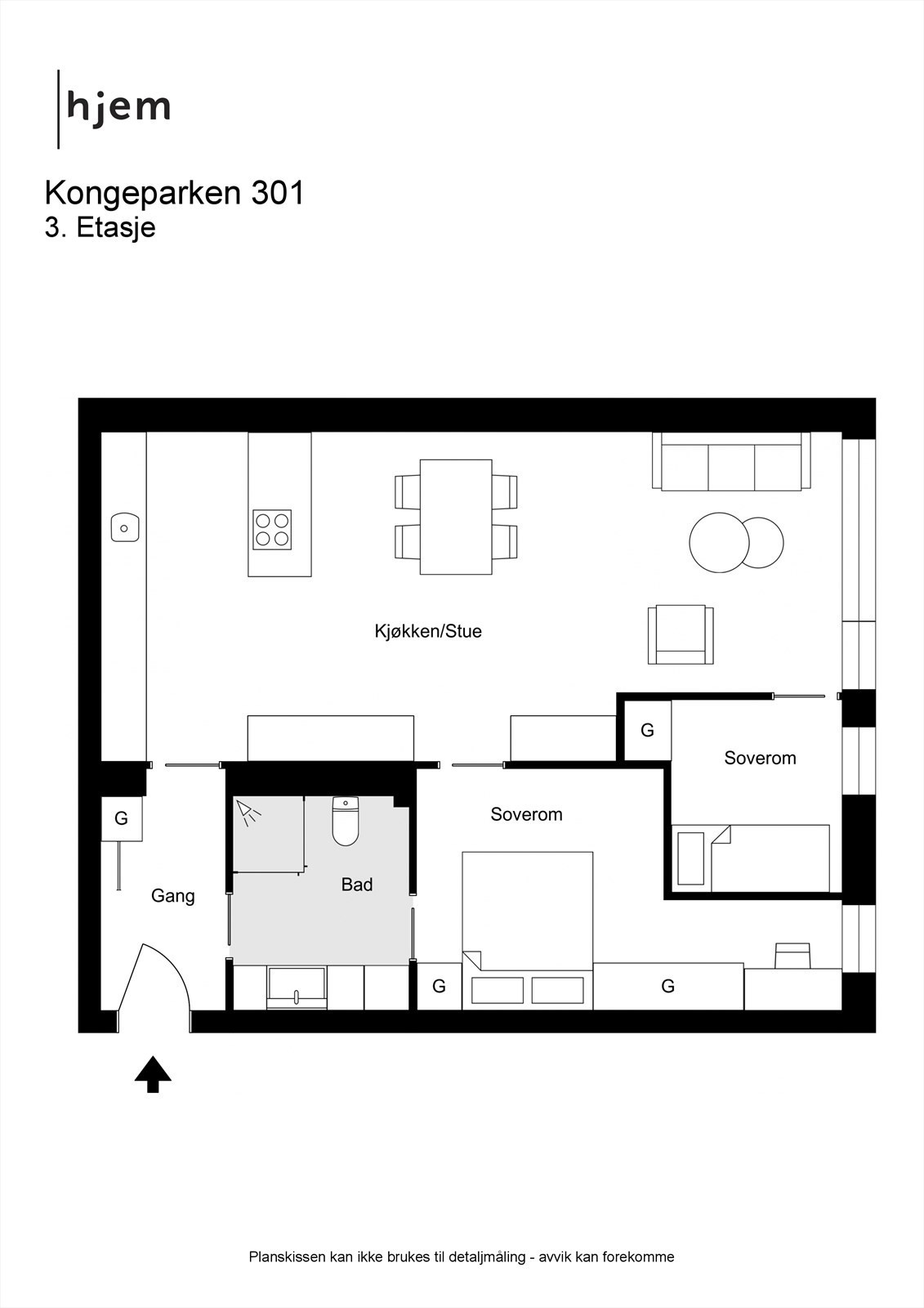2
D planillustrasjon av leilighetens planløsning.