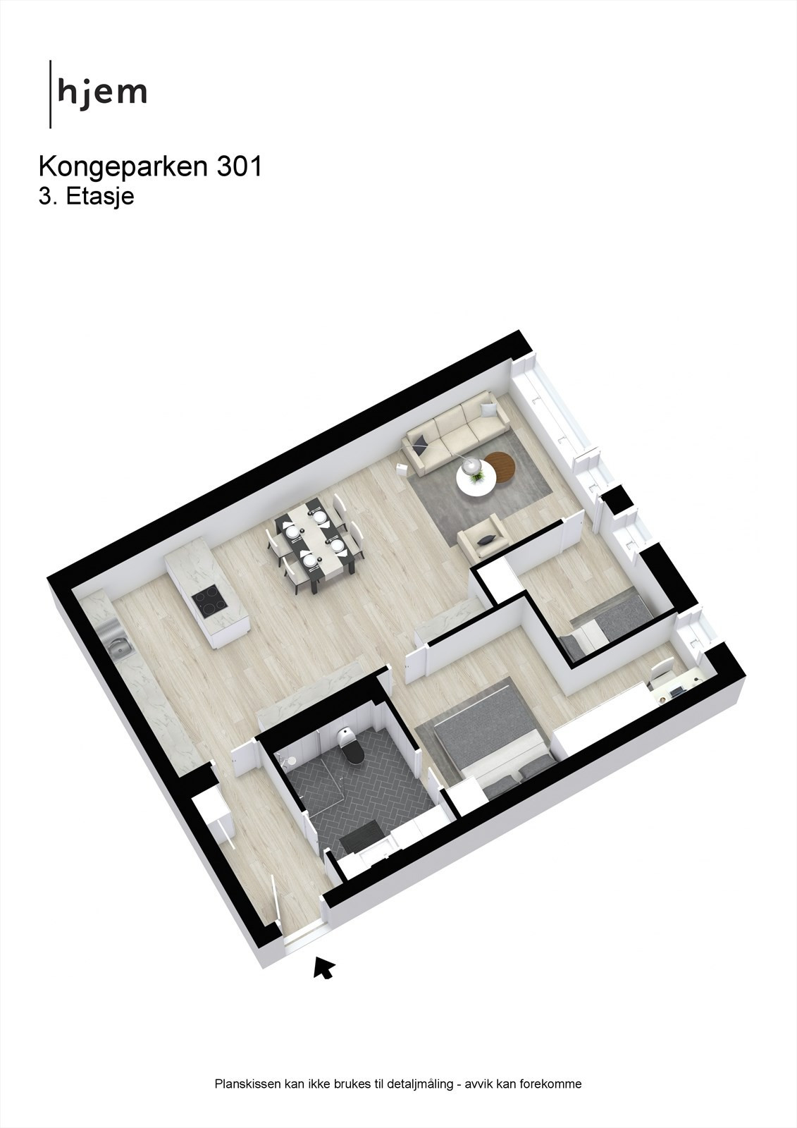 3D planillustrasjon av leiligheten.