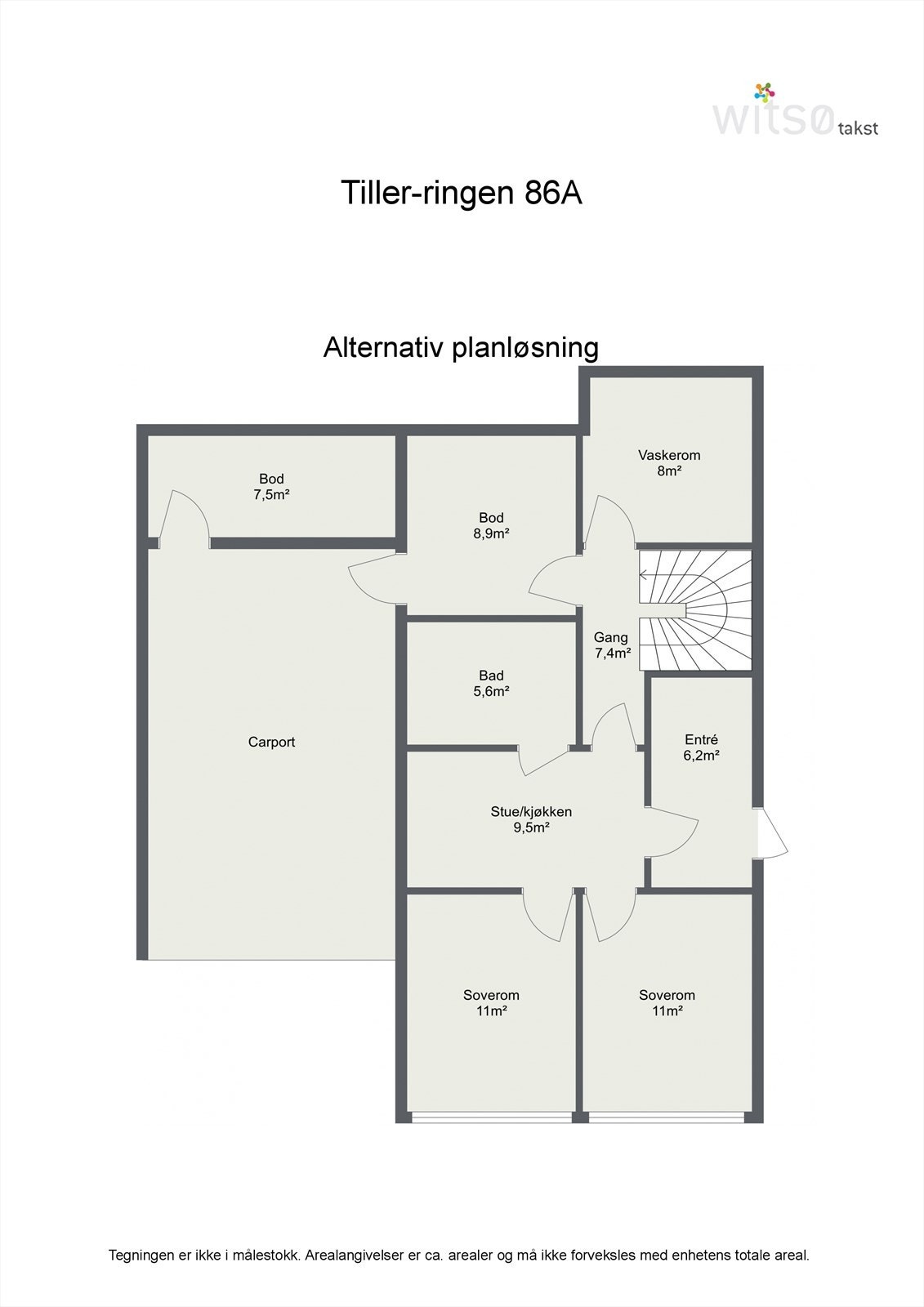 Alternativ planløsning med utleiedel og branndør mellom enhetene. Eier har inngang via carport. Galleribilde