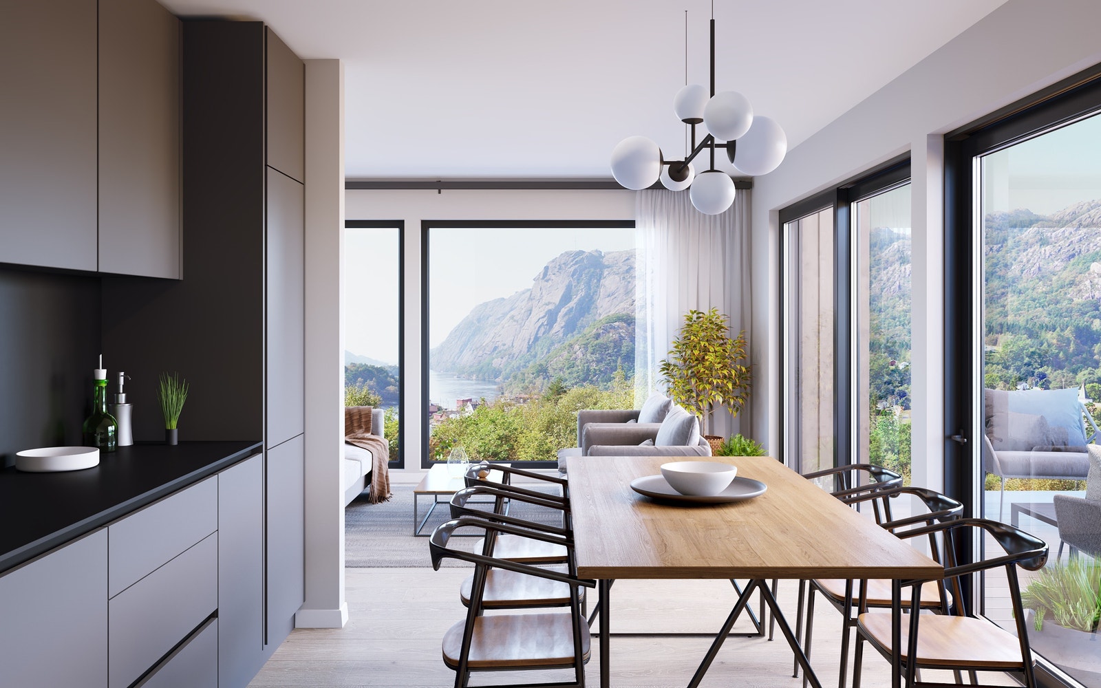 Illustrasjon av interiør og utsikt tomt 3. Illustrasjonen er tenkt plassering av bolig og kan avvike fra virkeligheten. Galleribilde