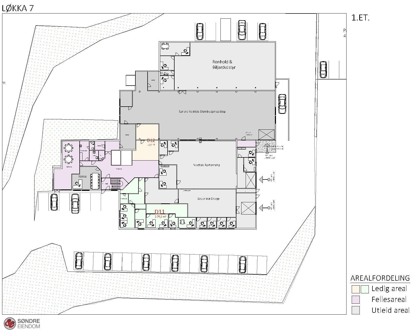 L7 1. etg. Fargede områder er ledige (lilla er fellesareal) Galleribilde